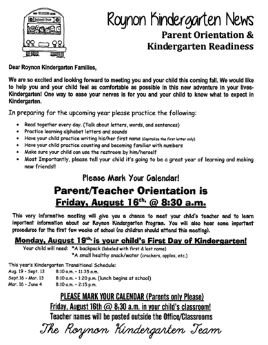 Parent orentation letter to incoming kinder